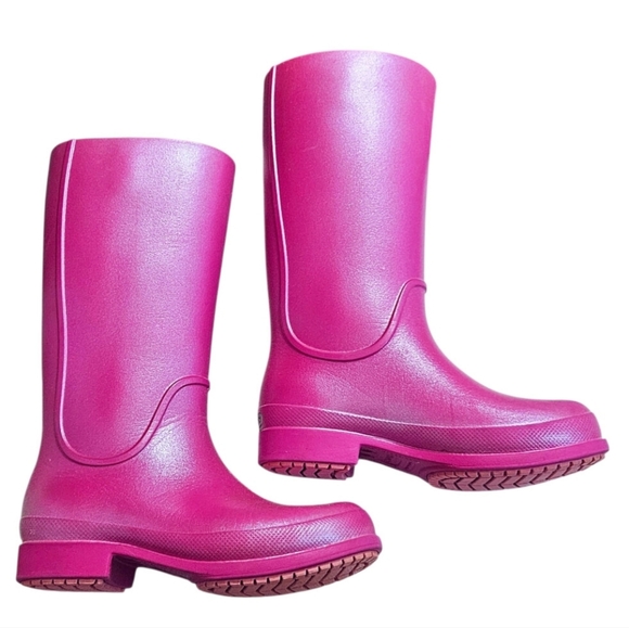 Crocs Girls Tall Pink Iridescent Waterproof Rain Boots Juniors SZ 2 HOST PICK - Picture 2 of 4